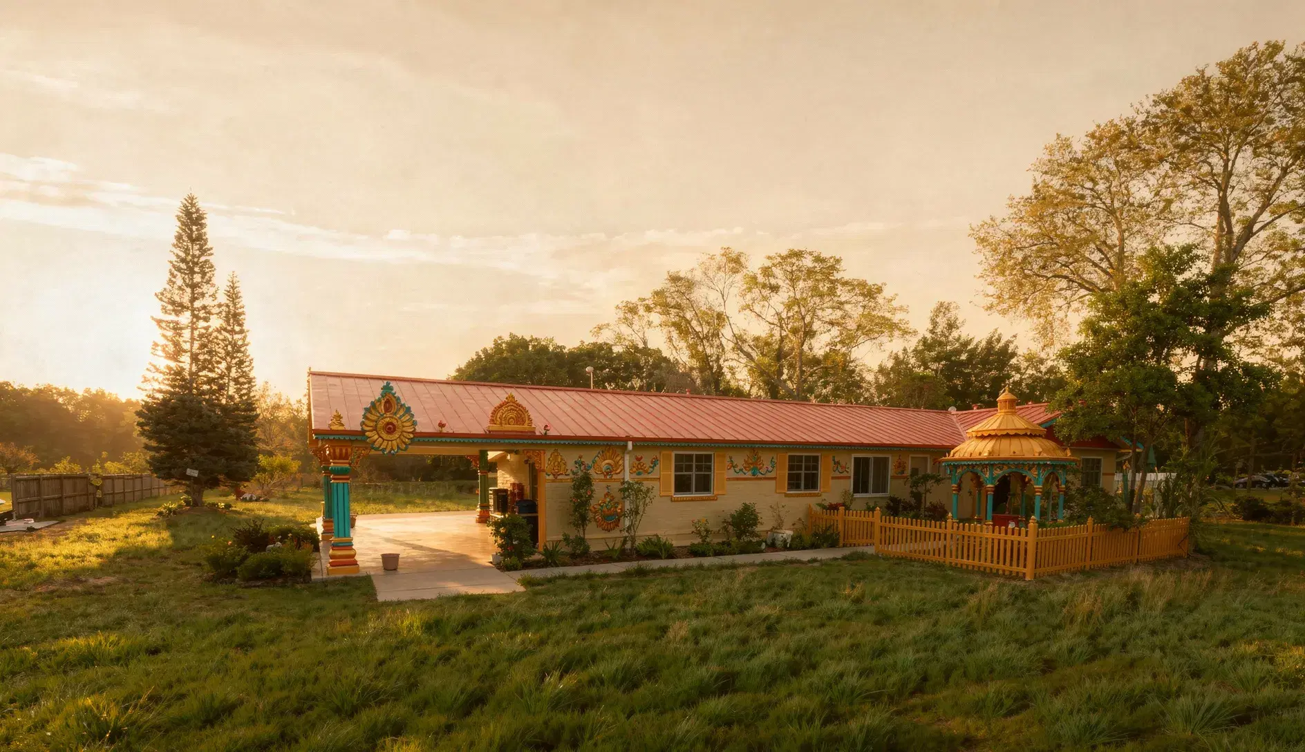 Temple exterior and grounds at Vishnu Mandir, Tampa